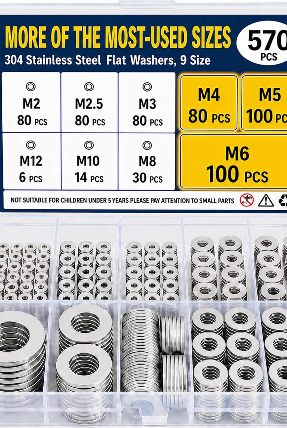 570PCS Flat Washers for Screws, 304 Stainless Steel Washers Assortment
