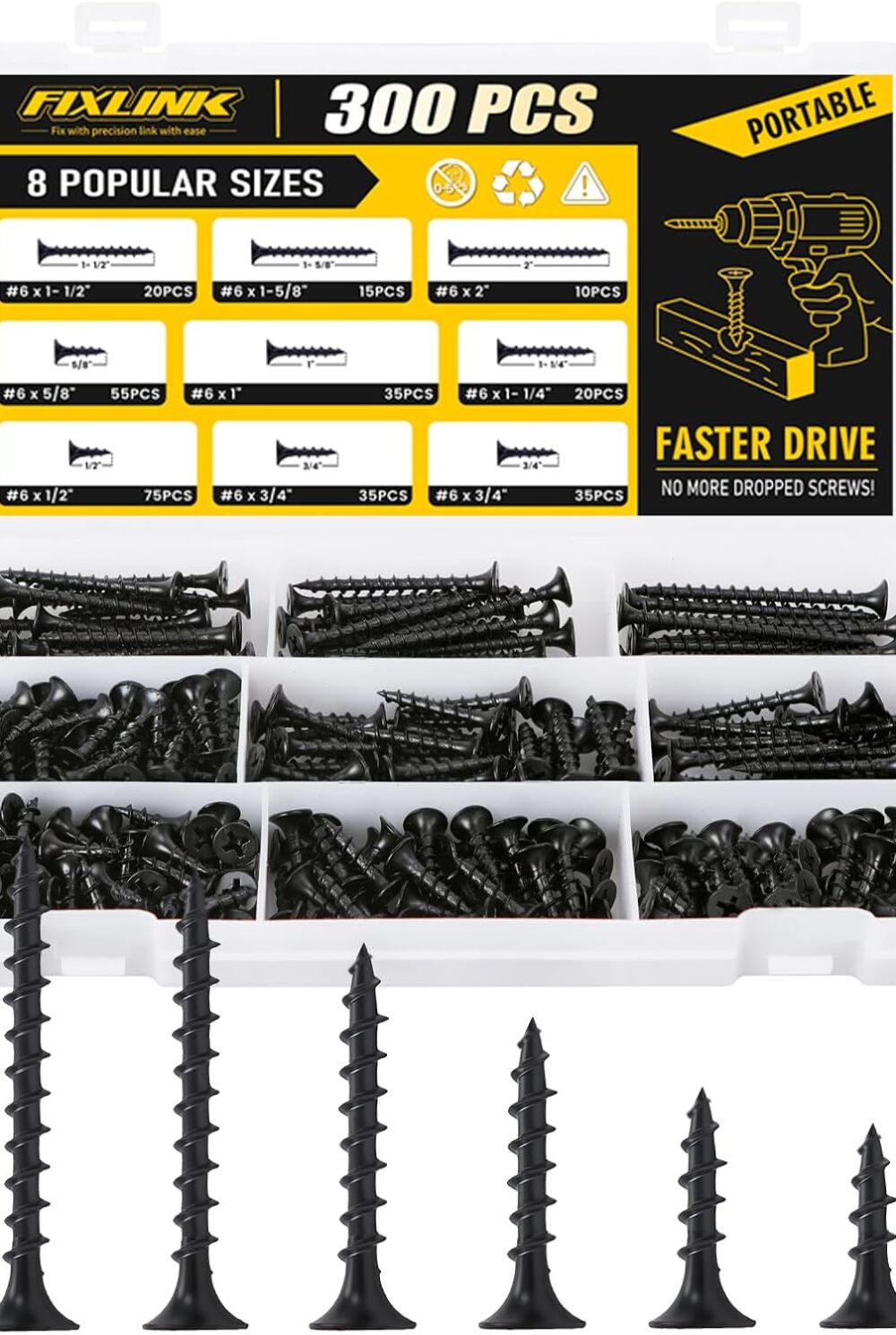 Drywall Screws 300PCS Assortment Kit, FIXLINK #6 E-Coated Wood Screws Set